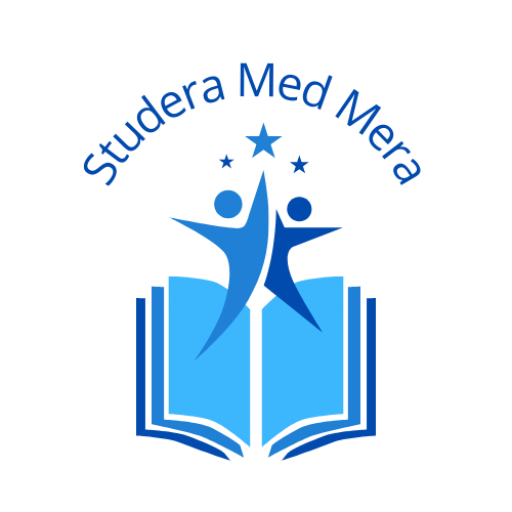 Studeramedmera-logotyp som visar två barn som bildar en stjärna, står på en bok och når efter tre stjärnor ovanför, med 'studeramedmera' skrivet i en båge över stjärnorna.