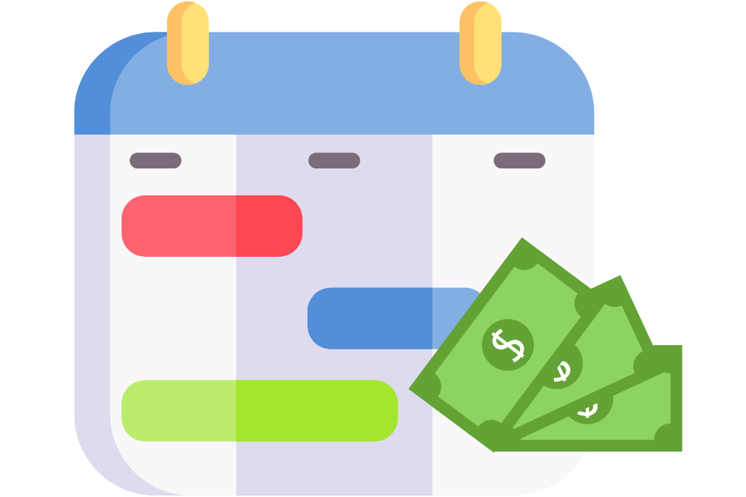 Digital kalender och ekonomiska symboler som illustrerar flexibla lösningar och ekonomiska aspekter vid läxhjälp.