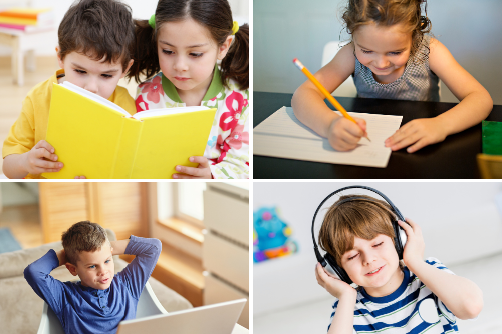 Collage av olika studietekniker som representerar en mångsidig inlärningsstil. Vilken studieteknik passar mig